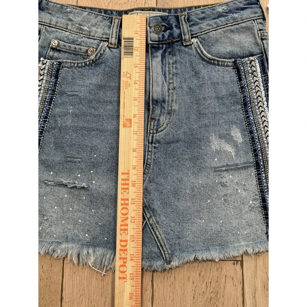 NWT Free People Beaded‎ Sequin Western Cowgirl Distressed Denim Mini Skirt Sz 0